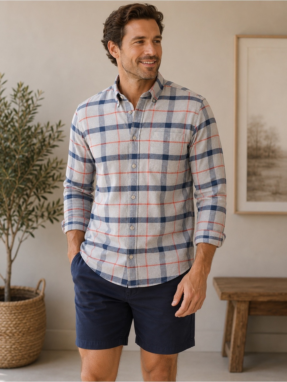 Old Navy The Oxford Shirt in Blue, Gray & Orange Plaid